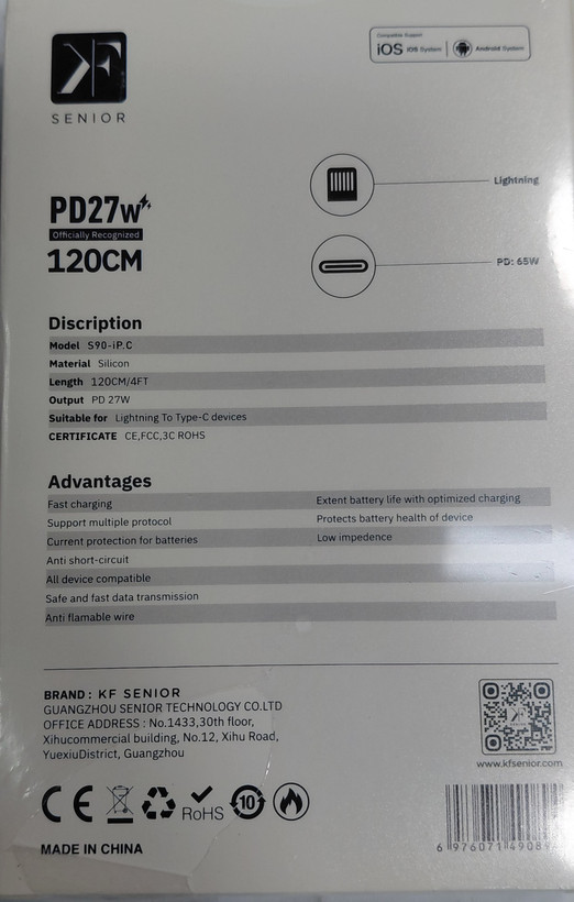 کابل شارژ تایپ سی به لایتنینگ کی اف سنیور مدل s90 طول ۱۲۰cm